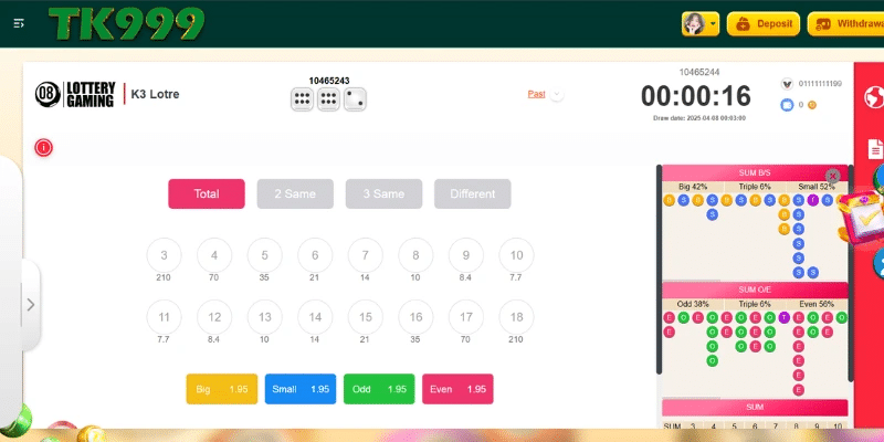 K3 Lottery Game in TK999