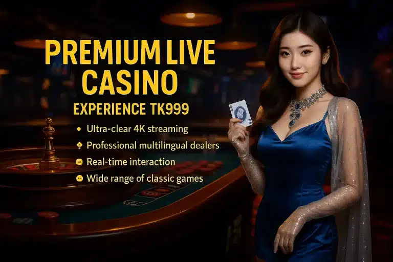 TK999 Premium Live Casino banner featuring roulette table, professional female dealer, 4K streaming, real-time interaction and classic games